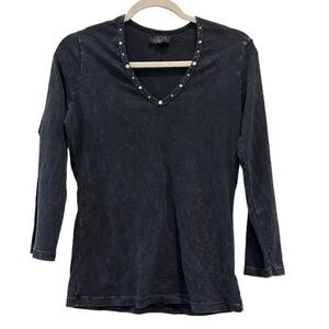 Tryst Large Stone Washed Studded Pearl Vneck Western Cowgirl Top Blouse​​​​ Y2K